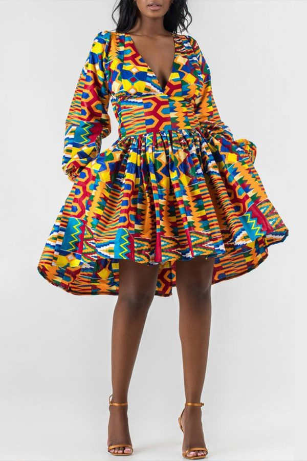 Kente Print African dress | V-Neck Midi Dress | OPE