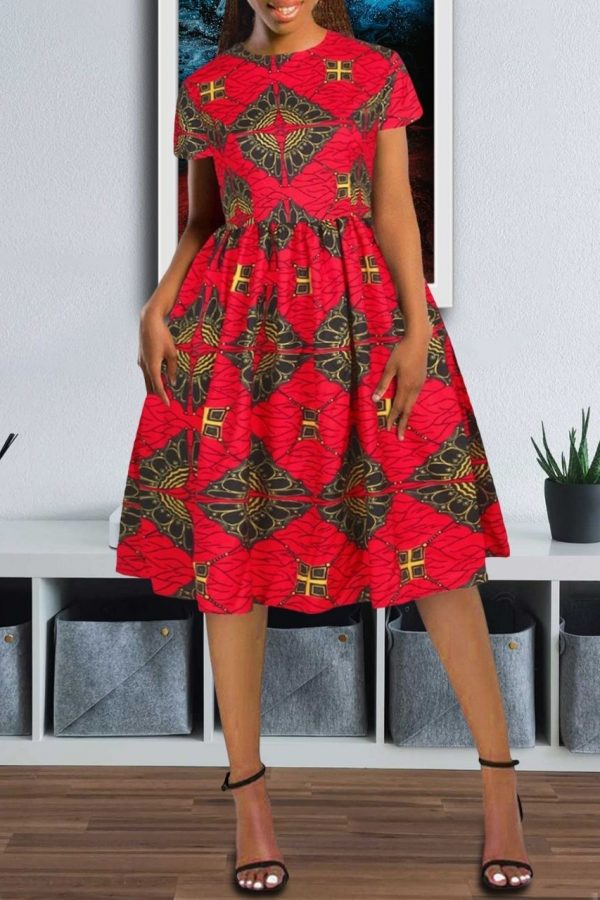 African Print Dress | Flare Midi Dress | Kay (Red)