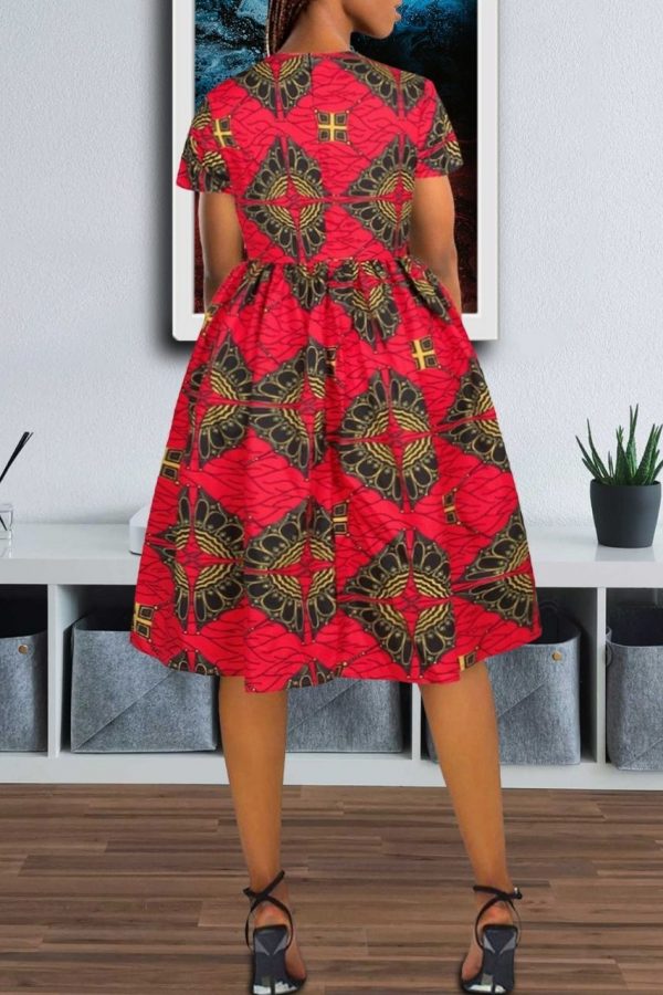 African Print Dress | Flare Midi Dress | Kay (Red)