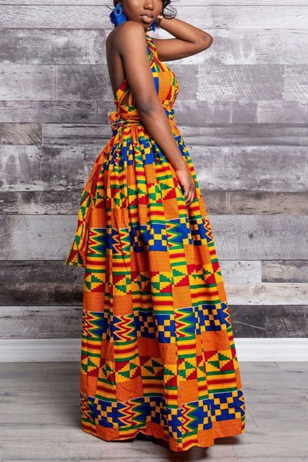 Kente Print Maxi Dress | Sleeveless Waist Knot | Marie