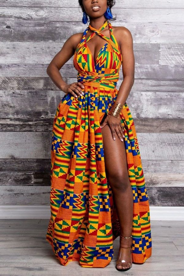 Kente Print Maxi Dress | Sleeveless Waist Knot | Marie